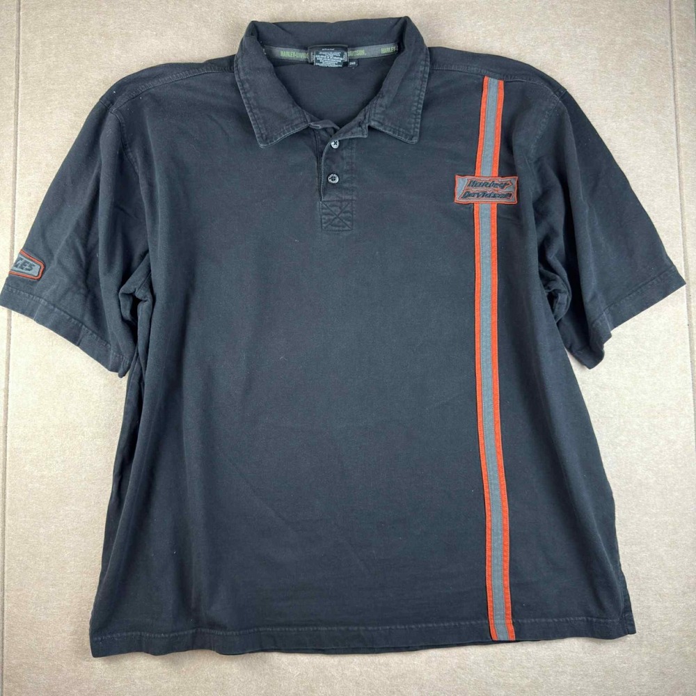 Harley-Davidson Men's‎ Polo Shirt 2XL Black Orange Stripe No Cages Embroidered
